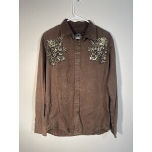 Affliction Gold Lion Brown Long Sleeve Button Up Graphic Print Men's Size M‎